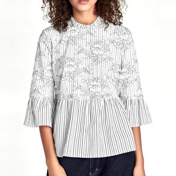 Zara Woman | White Stripe Lace Peplum Top - Picture 1 of 6